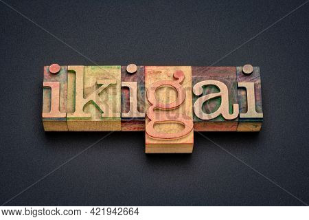 ikigai - Japanese concept  of a reason for being, life purpose or a reason to wake up, word in letterpress wood type against black background, lifestyle, career and personal development