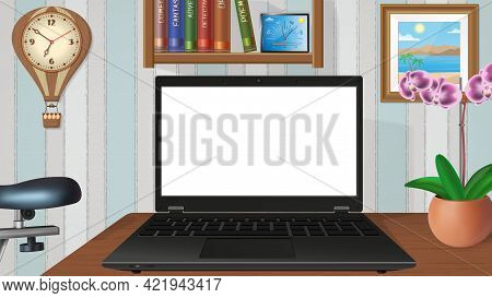 Notebook. Laptop In The Interior Of The Room. Overlay With Switchable Screen. Isolated White Backgro