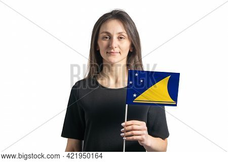 Happy Young White Girl Holding Tokelau Flag Isolated On A White Background.