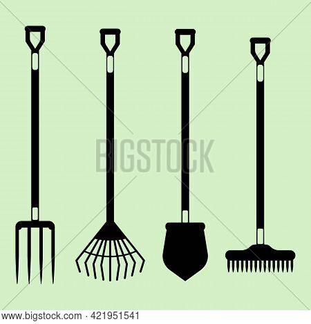 Gardening Tools Vector Set Silhouette, Garden Shovel, Fork And Rake Ina Black Color, Isolated On Lig
