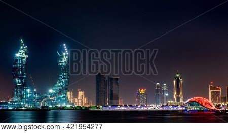 Night Shot Of Beautiful City Scape Of New City Lusail. Developing City