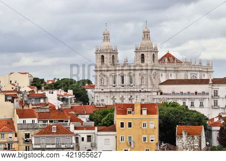 Lisbon City View With Monastery Of Sao Vicente De Fora - Alfama Neighborhood. Rainy Weather.