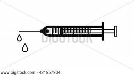 Ingection Or Vaccination Icon With Liquid Droplets. Vector Sipmle Countour Illustration.