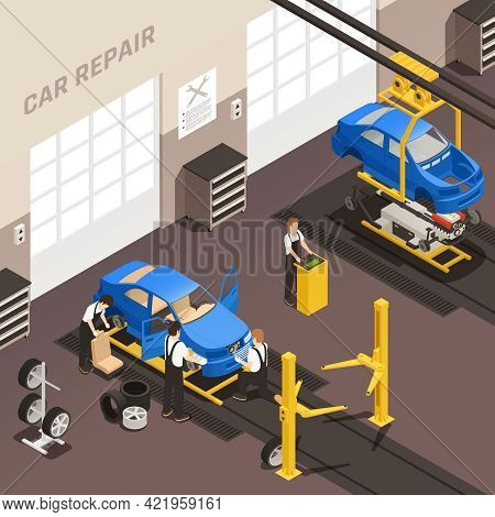 Car Repair Maintenance Autoservice Station Isometric Colored Composition With Employees Change Wheel