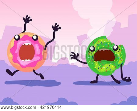 Colorful Glazed Doughnuts Running Away In Panic. Cartoon Vector Illustration. Afraid And Bitten Donu