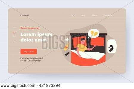 Man Depressed About Breakup. Unhappy Divorcee With Heartbreak, Lying In Bed, Drinking Alcohol. Flat 