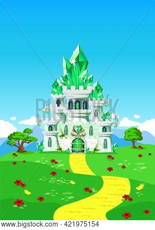 Emerald City And Yellow Brick Road On A Fairy Tale Background. Vector Vertical Illustration Of An Em