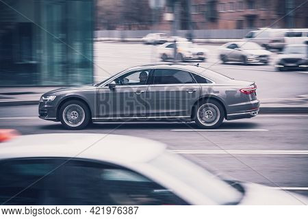 Moscow, Russia - April, 2021: Premium Car Audi A8 L Fourth Generation D5 Fast Drive On Road In The C