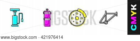 Set Bicycle Air Pump, Sport Bottle With Water, Brake Disc And Frame Icon. Vector