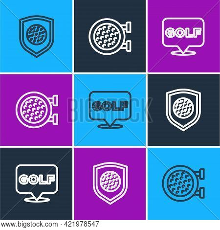 Set Line Golf Ball With Shield, Label And Sport Club Icon. Vector