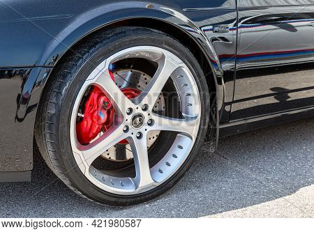 Samara, Russia - May 15, 2021: Modern Car Wheel With Brake System, Light Alloy Disc And Low Profile 