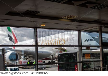 Prague, Czech Republic, 2.09.2020 - Emirates Airbus A-380-800 Super Jumbo Largest Passenger Aircraft