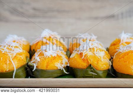 Group Of  Thai Traditional Sweet Delicious Poddy Palm Cake Or Well Known As Khanom Tarn And Wooden T