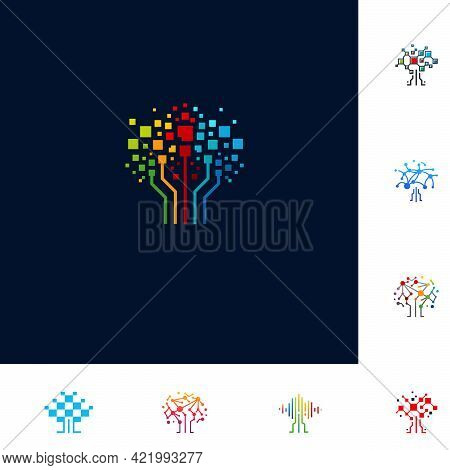 Set Of Digital Tree Logo Designs Concept Vector, Modern Tree Tech Logo Template, Logo Symbol Icon