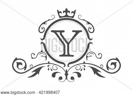 Stylized Letter Y Of The Latin Alphabet. Monogram Template With Ornament And Crown For Design Of Ial