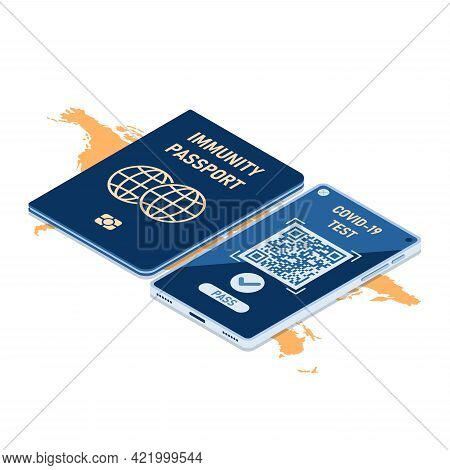 Flat 3d Isometric Immunity Passport And Smartphone With Digital Vaccination Certificate For Covid-19
