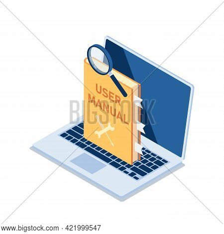 Flat 3d Isometric User Manual With Magnifying Glass On Laptop Monitor. User Manual Guide Concept.