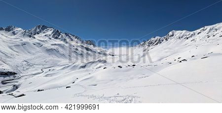 Panorama Winter Picture. Beautiful Winter Landscape In The Winter Spring Time. View Of The Auto Flue