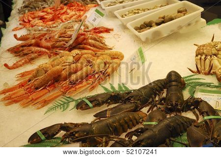 Fish Shop In Market. Barcelona. Spain