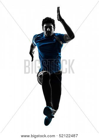 one caucasian man  running sprinting jogging in silhouette studio isolated on white background