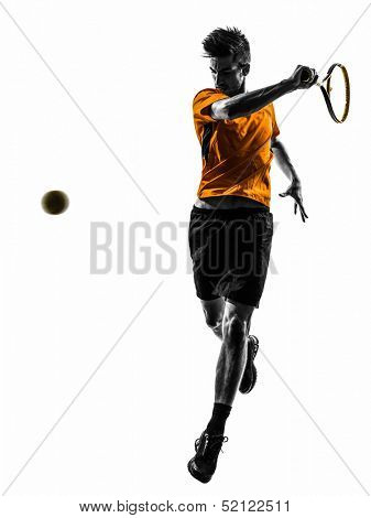 one  man tennis player in silhouette on white background