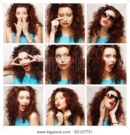 Collage of the same woman making diferent expressions.