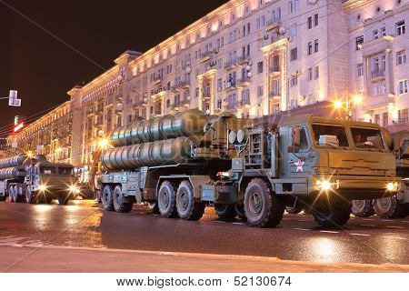 MOSCOW - MAY 3: Russian anti-aircraft missile system large-range and medium-range - air defense missile system Triumph (C-400) on rehearsal of the Victory Day parade on May 3, 2013 in Moscow, Russia