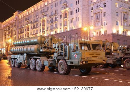 MOSCOW - MAY 3: Russian anti-aircraft missile system large-range and medium-range - air defense missile system Triumph (C-400) on rehearsal of the Victory Day parade on May 3, 2013 in Moscow, Russia
