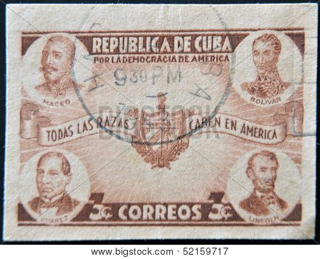 A stamp printed in cuba dedicated to democracy in america shows Maceo Bolivar Juarez and Lincoln