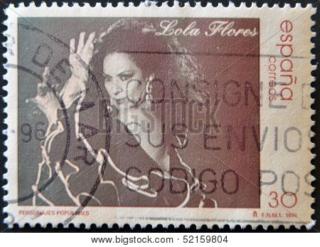 Spain - Circa 1996: A Stamp Printed In Spain Shows Lola Flores, Famous Folk, Circa 1996