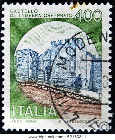 A stamp printed in Italy shows Emperor's Castle Prato Italian series of castle