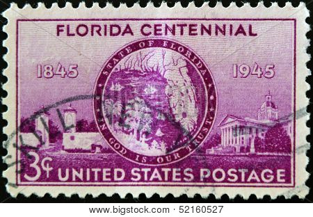 United States Of America - Circa 1945: A Stamp Printed In Usa Honoring Florida Centennial