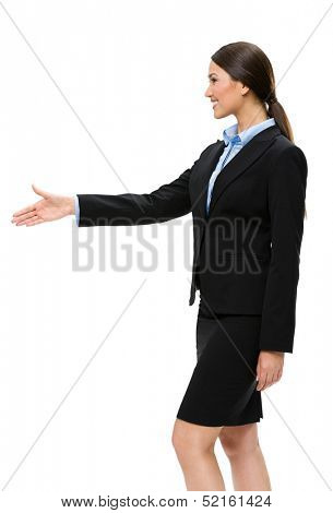 Half-length profile of businesswoman handshake gesturing, isolated. Concept of leadership and cooperation
