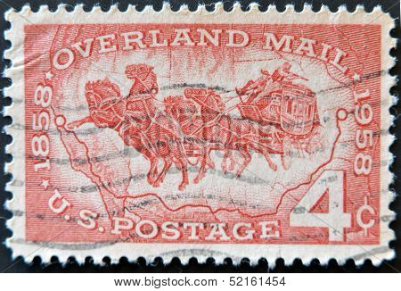 United States Of America - Circa 1958: A Stamp Printed In Usa Celebrating 100 Years Of Overland Mail