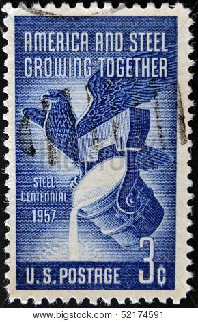Usa - Circa 1957: A Stamp Printed In Usa Celebrating Steel Industry Centennial, Circa 1957