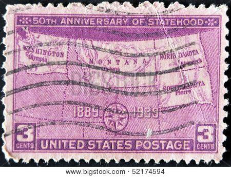 A stamp printed in USA shows map of states with inscription 