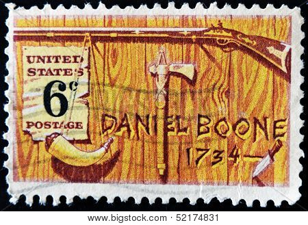 A stamp printed in USA honoring Daniel Boone a frontiersman and trapper