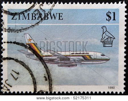 Zimbabwe - Circa 1990: A Stamp Printed In Zimbabwe Shows An Aircraft In Flight, Circa 1990