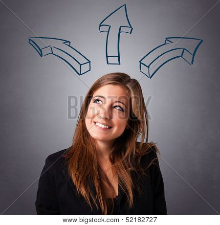 Beautiful young lady thinking with arrows overhead