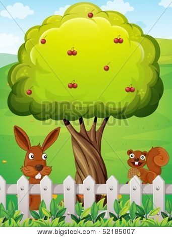 Illustration of a rabbit and a squirrel near the tree