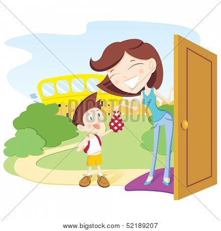 Mother giving lunch box to her little boy, ready for school 