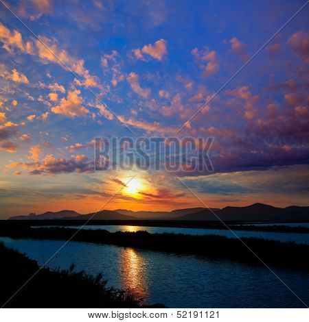 Ibiza ses Salines saltworks at sunset in Sant Josep at Balearic Islands of Spain