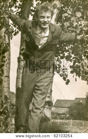 WALCZ, POLAND, OCTOBER 28, 1958: Vintage photo of man outdoor
