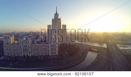 Building on Kotelnicheskaya Embankment at evening in Moscow, Russia. It is one of seven Stalin skyscrapers. View from unmanned quadrocopter 