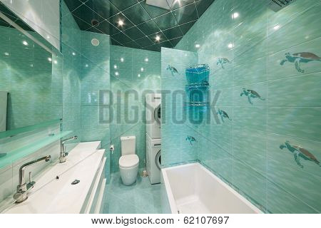 Modern bathroom celadon with bathtub and mirror