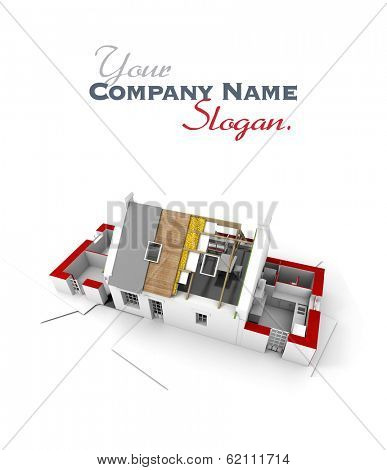 3D rendering of a roofless house on top of architect plans