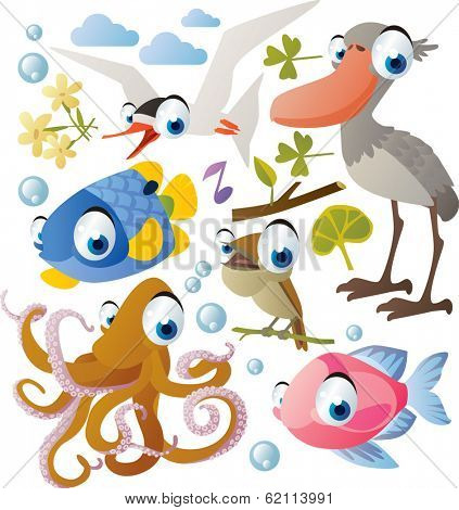 Vector animal set: shoebill, tern, fish, nightingale, octopus