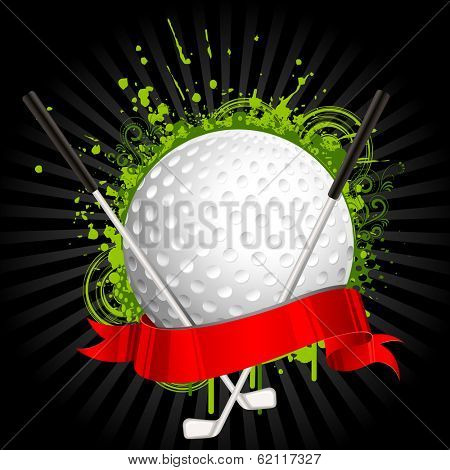 illustration of golf ball and stick wrapped in ribbon on grungy floral background