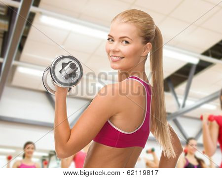 fintess, healthcare and dieting concept - young sporty woman with heavy steel dumbbell