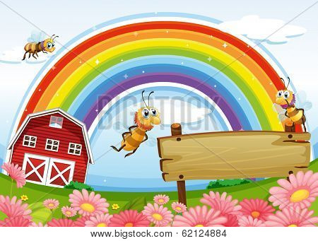 Illustration of a farm with an empty wooden board and a rainbow uphigh